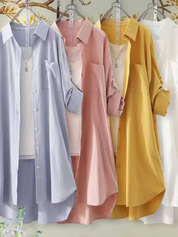 Plus Size Loose Breathable Blouses Casual Shirts Women Simple Solid Female Long Sleeved Shirts