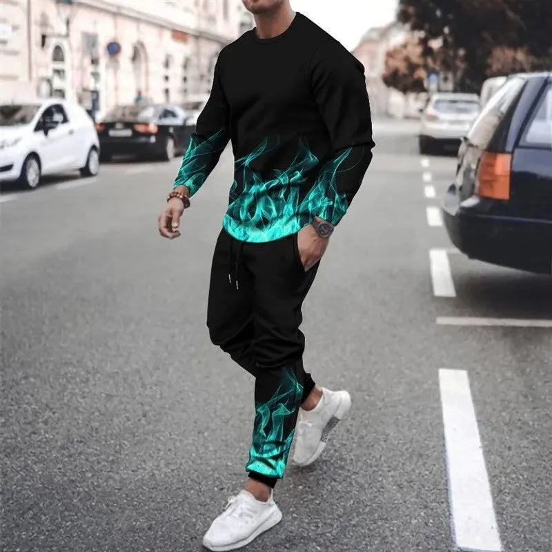 Men's 3D printed sweatshirt set Colorful Flame cap sweatshirt Sweatshirt sweatpants crew neck sportswear