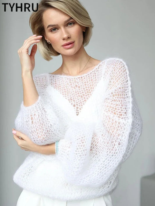 Women's Knitted Sweaters Lady Hollow out Mesh Thin Pullover See Through Look Lantern Sleeve Loose Tops Smock