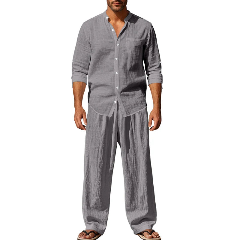 Spring/Summer New Men's Linen Casual Loose Breathable Long Sleeve Pants Shirt Beach Set