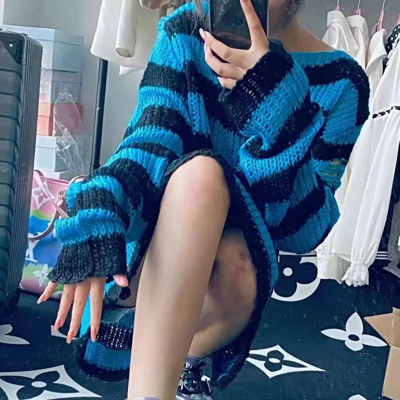 Punk Gothic Long Unisex Sweater Summer Women Striped Cool Hollow Out Hole Broken Jumper Loose Rock Thin Dark Streetwear Top