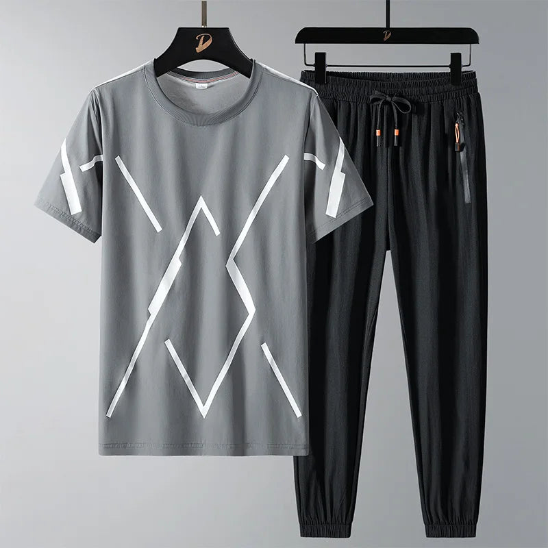 Men T Shirt Suit Pants 2 Piece Set Oversize 6XL 7XL 8XL Plus Size Short Sleeve Black T-shirts Summer Fashion Loose