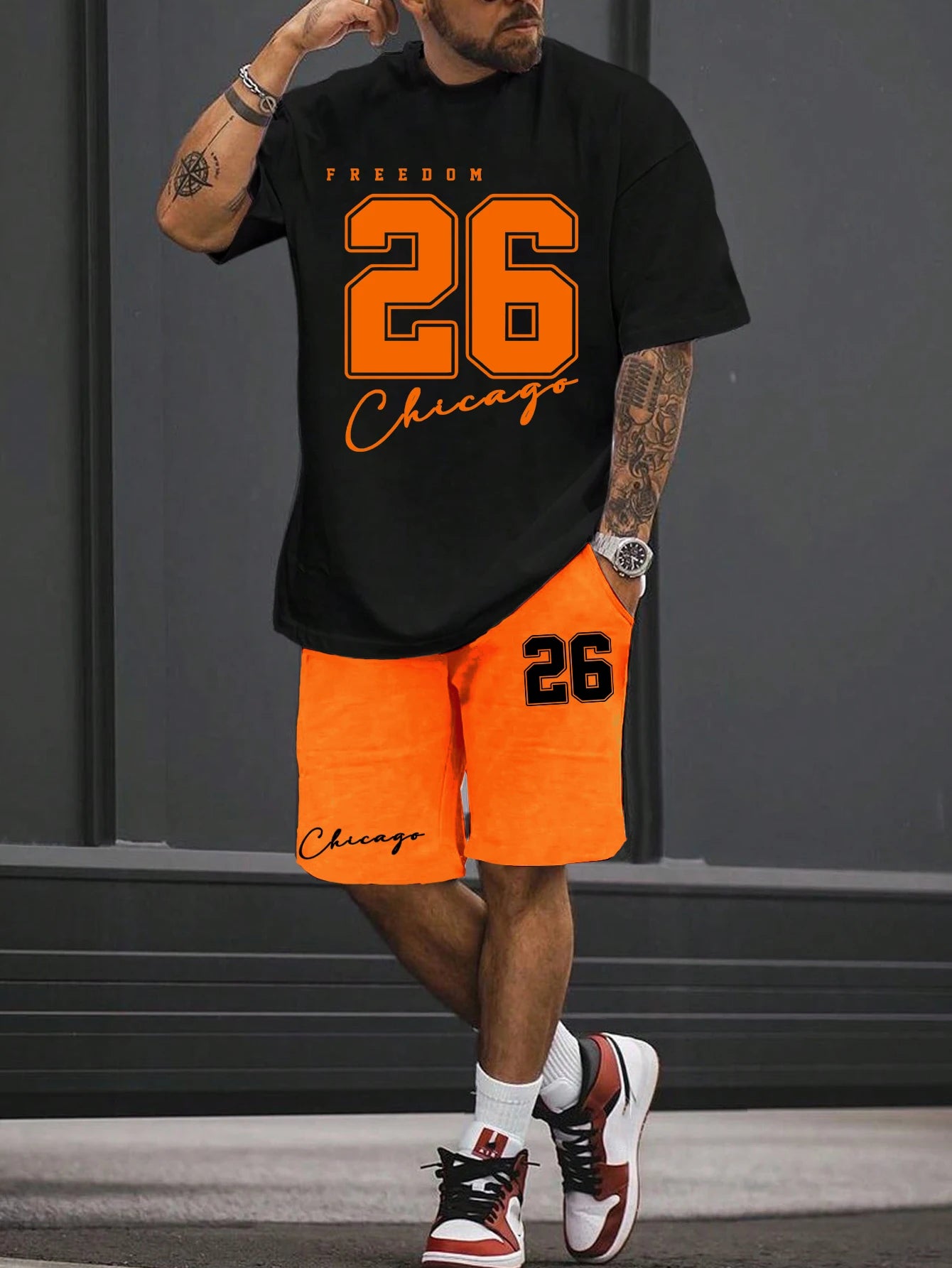 summer men's T-shirt shorts set number print short sleeved round neck T-shirt summer casual outdoor comfortable