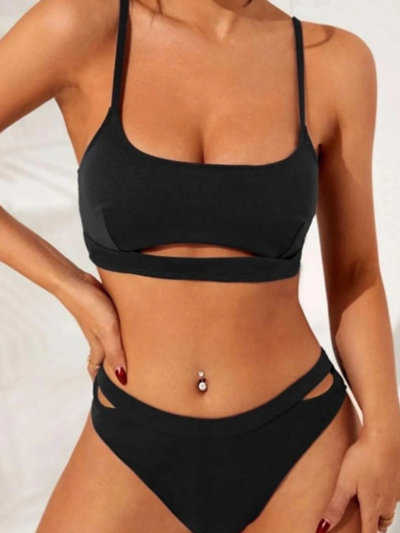 Plain Black Hollow Out 2 Piece Set Bikini, Spaghetti Strap High Stretch Stylish Swimsuits, Women's Swimwear