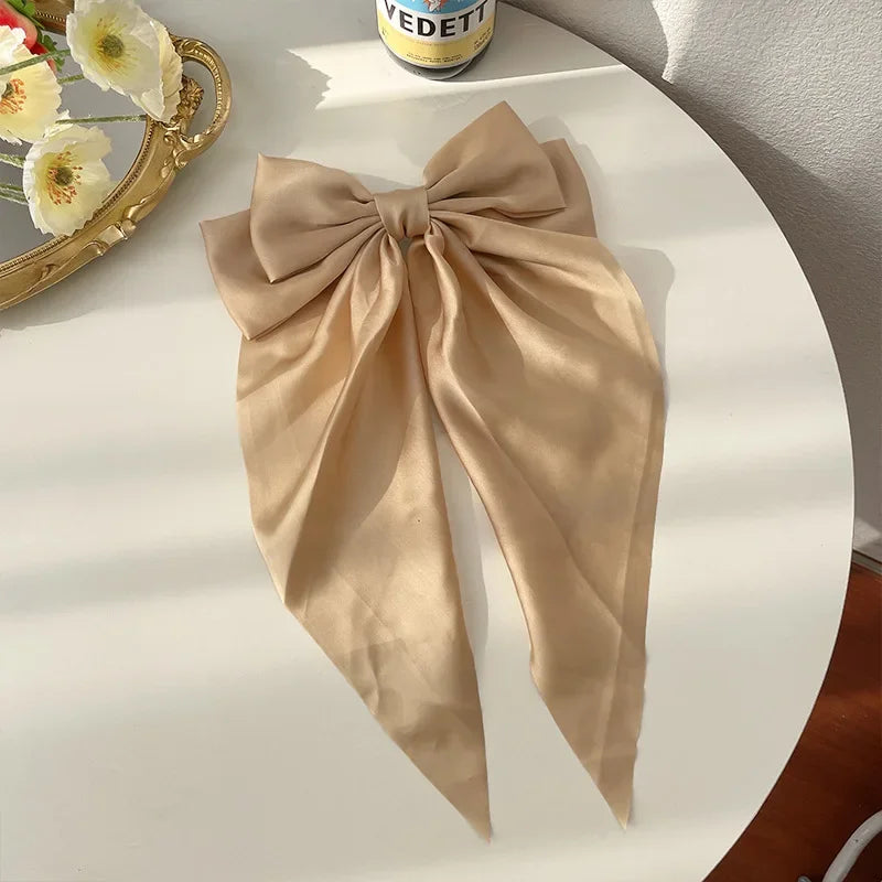 Hair Clips for Women  Big Bowknot Solid Satin Long Ribbon Bows Spring Clamp Barrette
