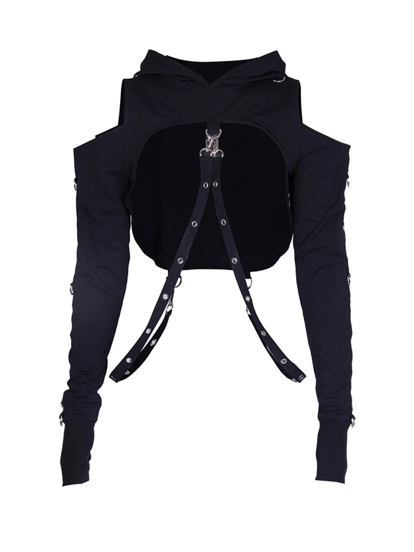 Women s Stylish Cutout Sweater with Embellished Detail Chic Black Long Sleeve Hoodie Crop Top with Strap Accents
