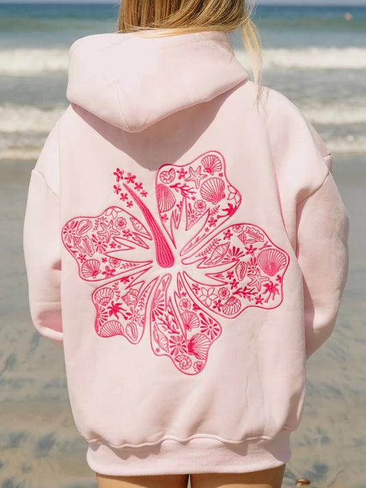 Women s Floral Embroidered Long Sleeve Beach Hoodie Oversized Sweatshirt Casual Streetwear Pullover Top