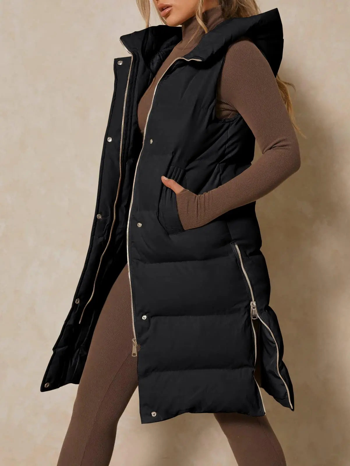 Down Vest with Stand Collar Thick Hooded Sleeveless Long Vest