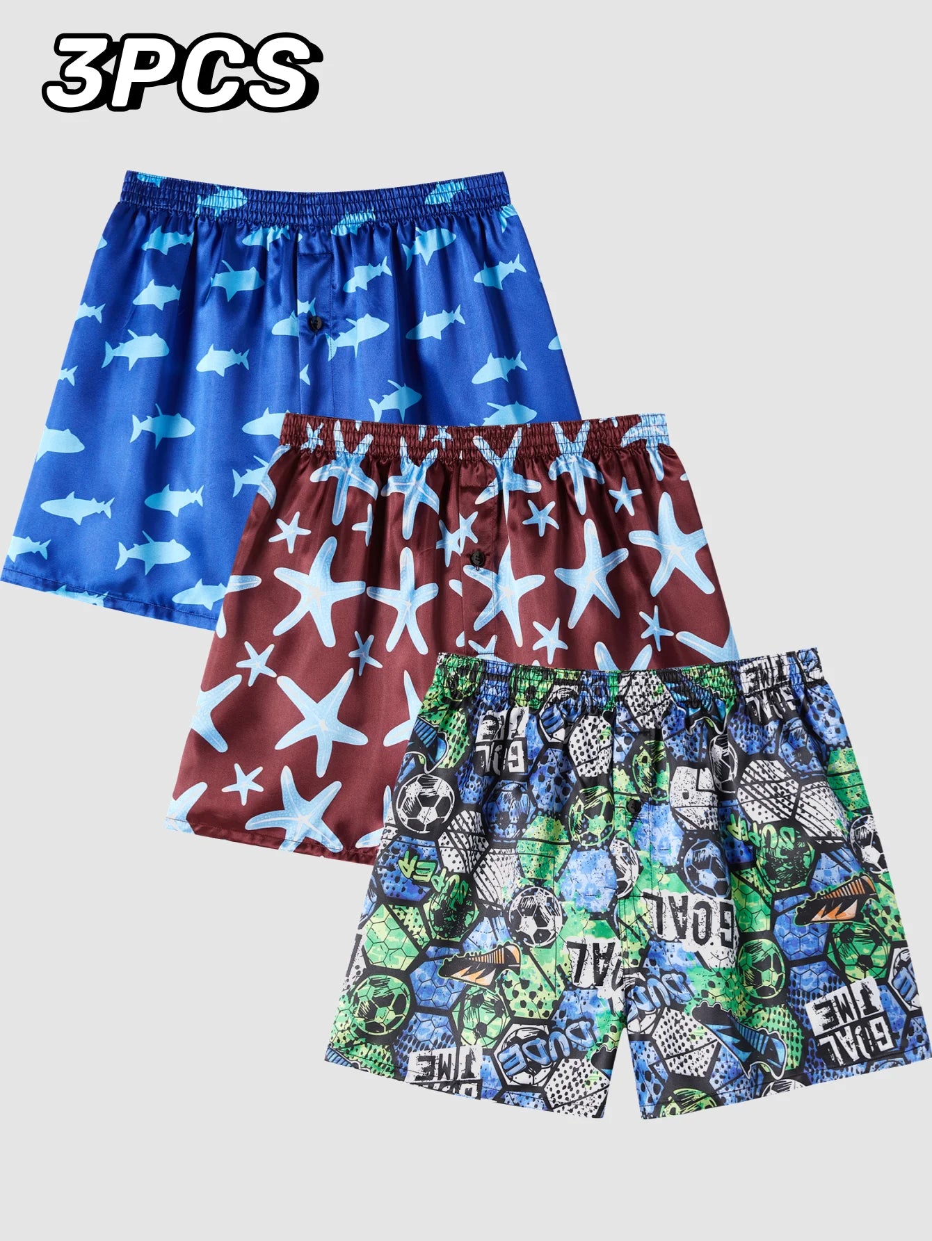 JupiterSecret 3pcs Men's Underwear Satin Casual Boxer Shorts Silk Feeling Sleep Shorts with Elastic Waistband and Button