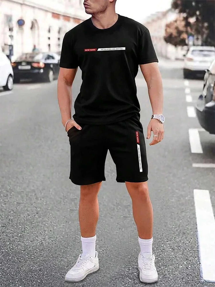 Urban street fashion trend men's crew neck short sleeve suit outdoor simple crew neck top casual and comfortable shorts