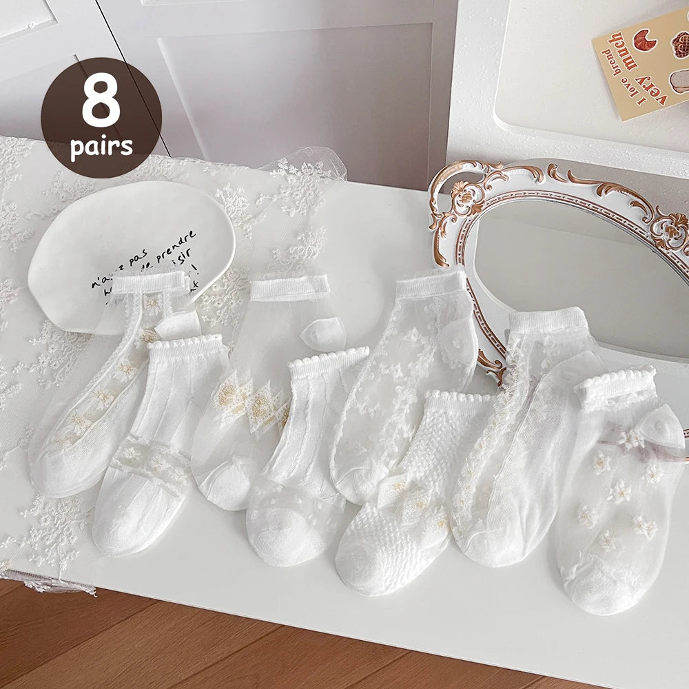 5 Pairs/Lot Summer Short Women White Socks Low  Cool Socks Set Cute Print Ankle Foot Cover Fashion