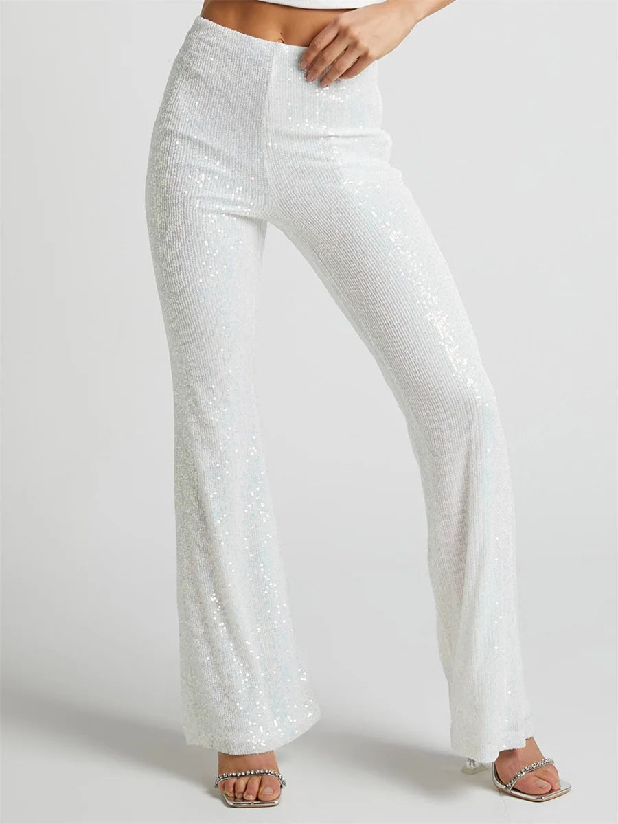 Women Sequin Embellished High Waist Flare Pants  Long Trousers