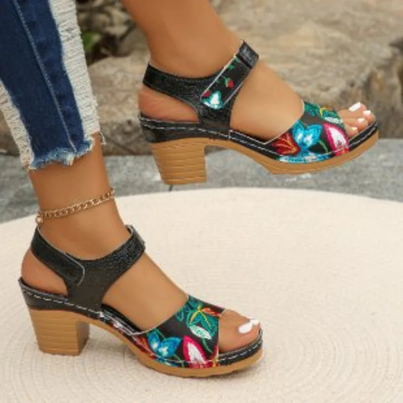 Women's Peep Toe High Heel Sandals Summer Gladiator Shoes Chunky Heel Platform Women's Sandals Flower Ladies Heeled Shoes