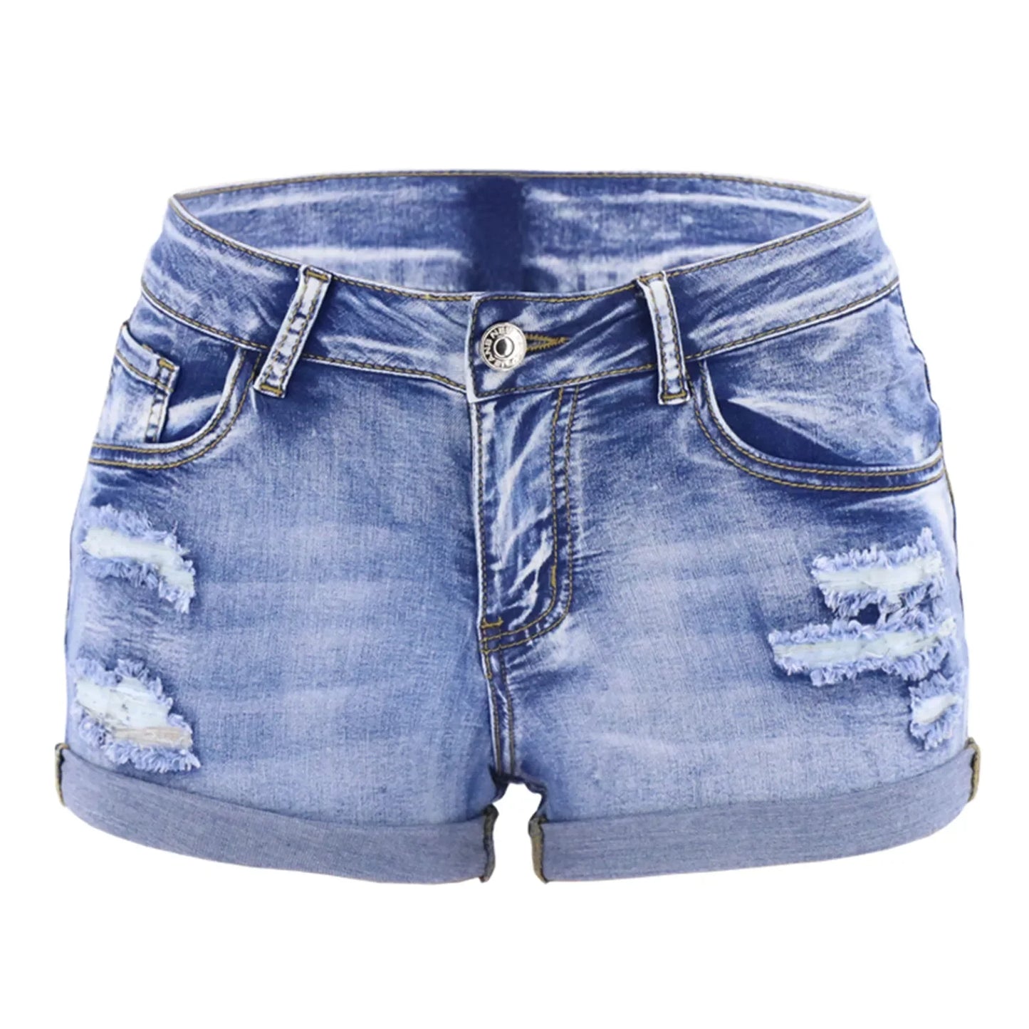 Women's Split Denim Shorts Mid Waist Curled Cuff Casual