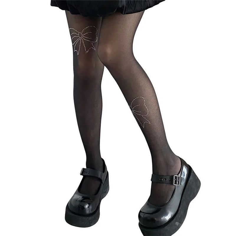 Rhinestone Embellished High Waist Sheer Mesh Tights with Soft Silk Stockings for a Glamorous Look