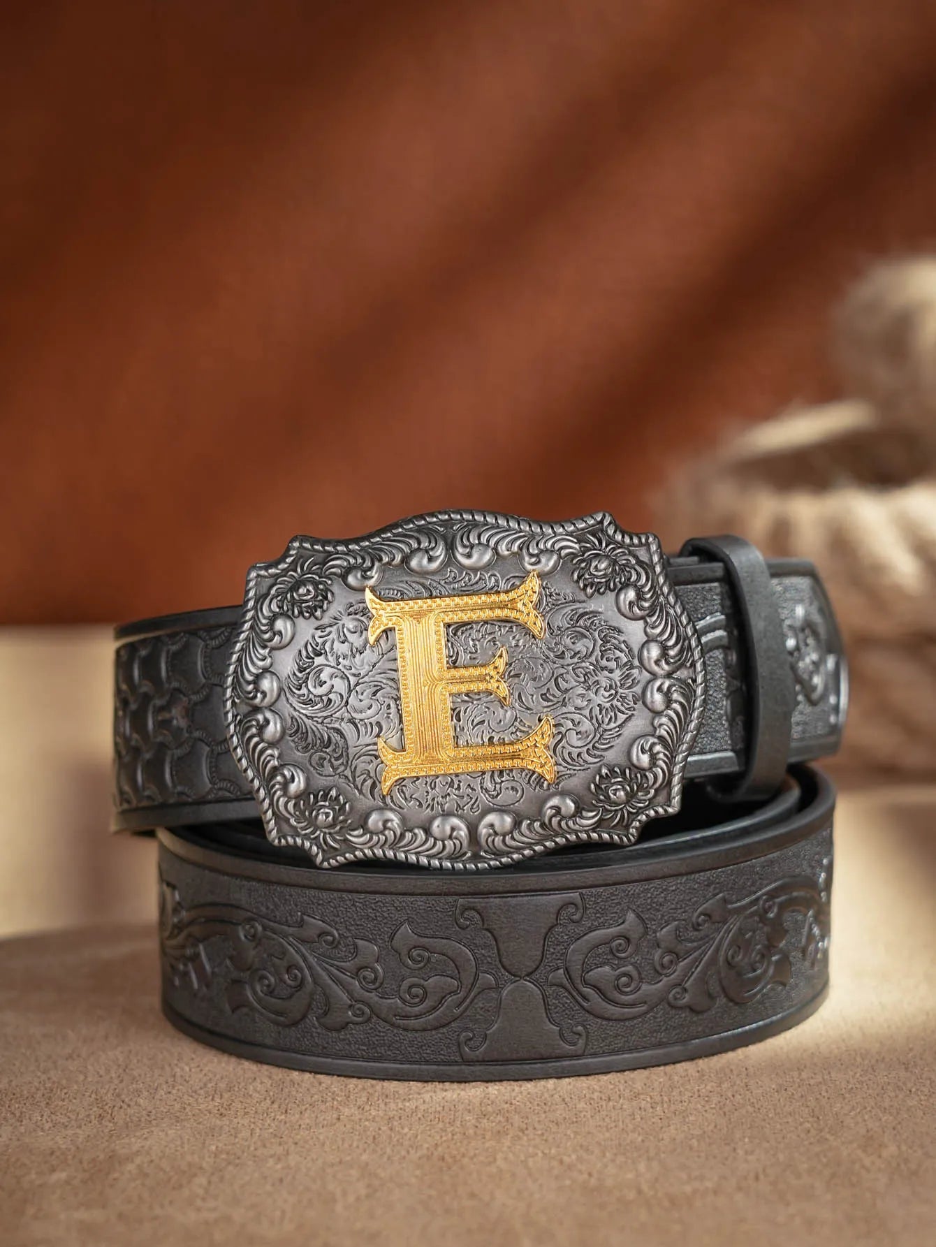 Western Cowboy PU Leather Belt  Waist Strap Bull Decoration Floral Engraved for Jeans