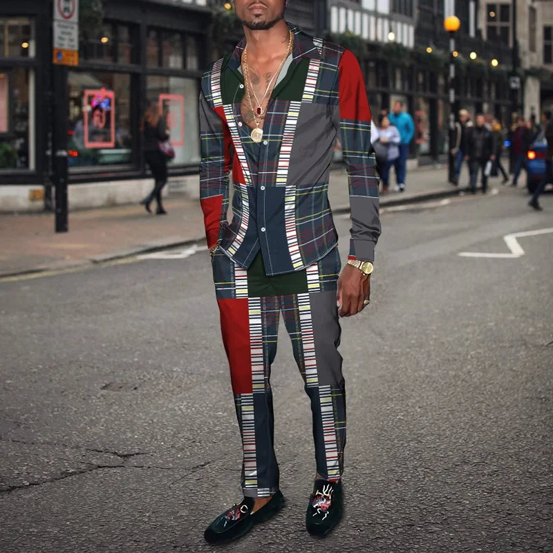 Retro Men's Shirt Suits 3D Luxury Print Fashion Men Casual Breathable Men's Lapel Long Sleeve Shirt Long Pants2 Pcs Set