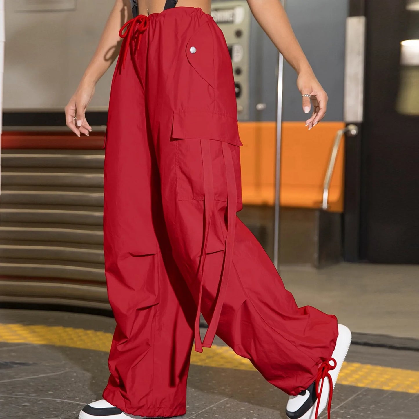 Women's Pants Streetwear Casual Hip Hop Elastic Waist Cargo Pants Drawstring Lace Up Trousers
