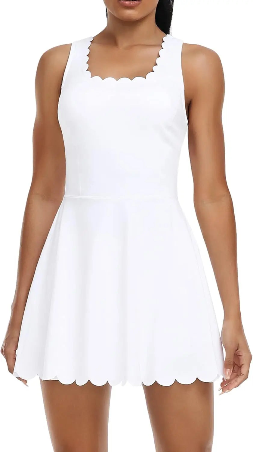 Women Tennis Dress Scalloped Neckline Removable Padded V Back Design Separate Shorts with Two Side Pockets Golf Dress