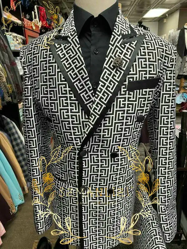 Latest Design Houndstooth Jacket Men‘s Suit Set Brown Pant Peaked Lapel Double Breasted Blazer