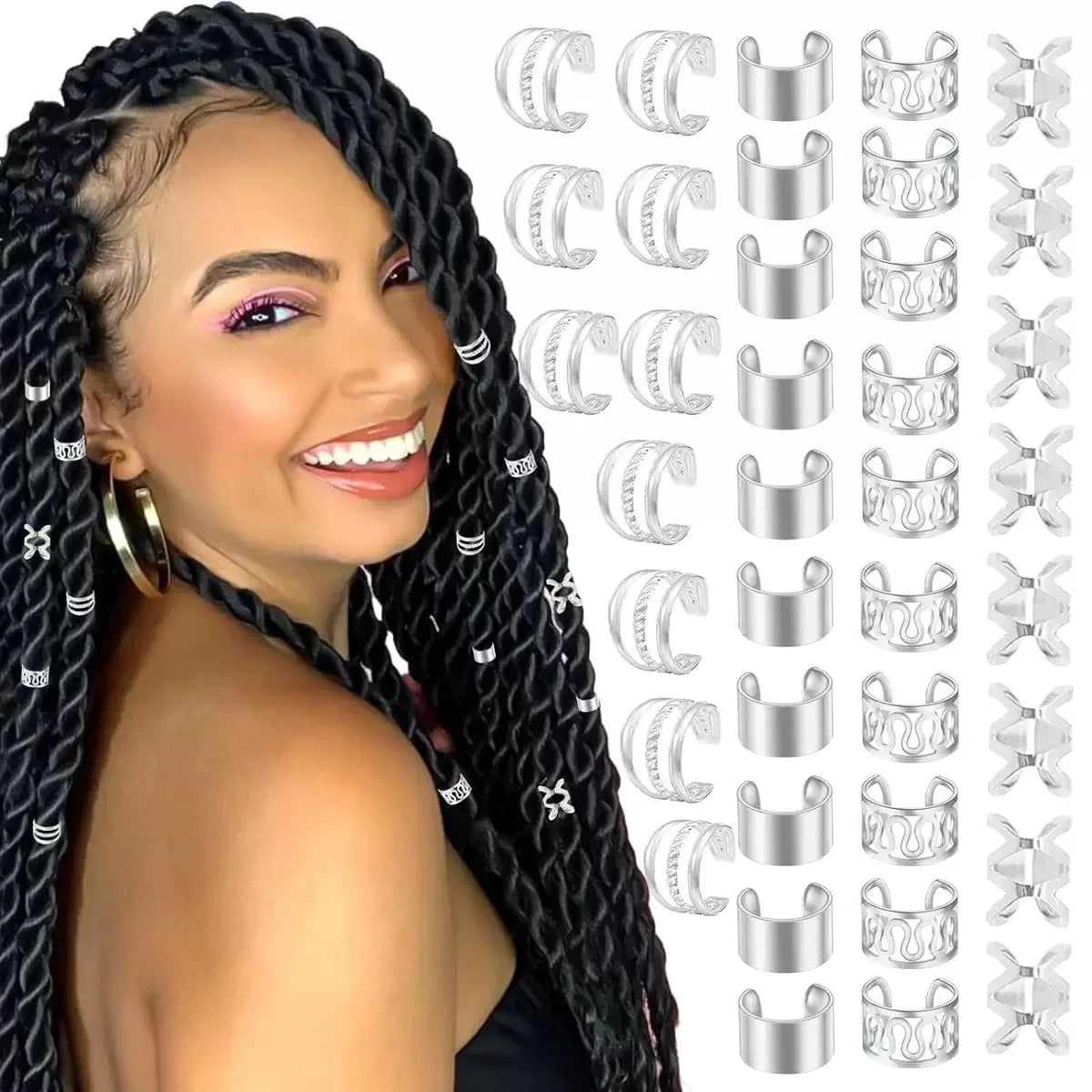 40PCS Hair Jewelry for Braids Hair Cuffs Multi Style Rings Adjustable Hair Beads for Braid  Dreadlock Accessories