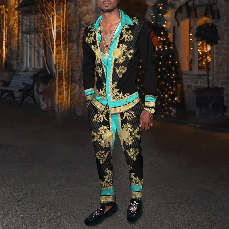 Retro Men's Shirt Suits 3D Luxury Print Fashion Men Casual Breathable Men's Lapel Long Sleeve Shirt Long Pants2 Pcs Set