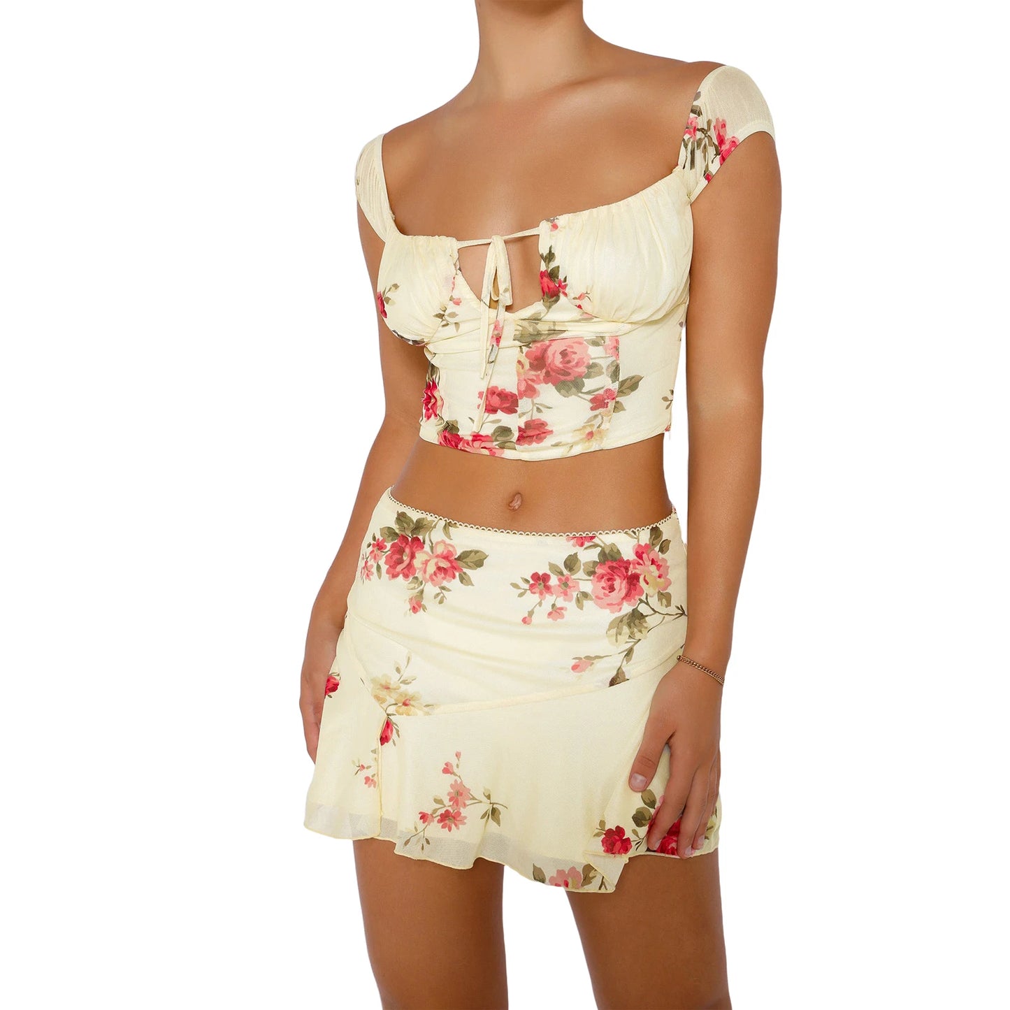 Women s Matching Set Cap sleeve Ruffle Crop Top and High Waisted Shorts Floral Print Summer Outfit