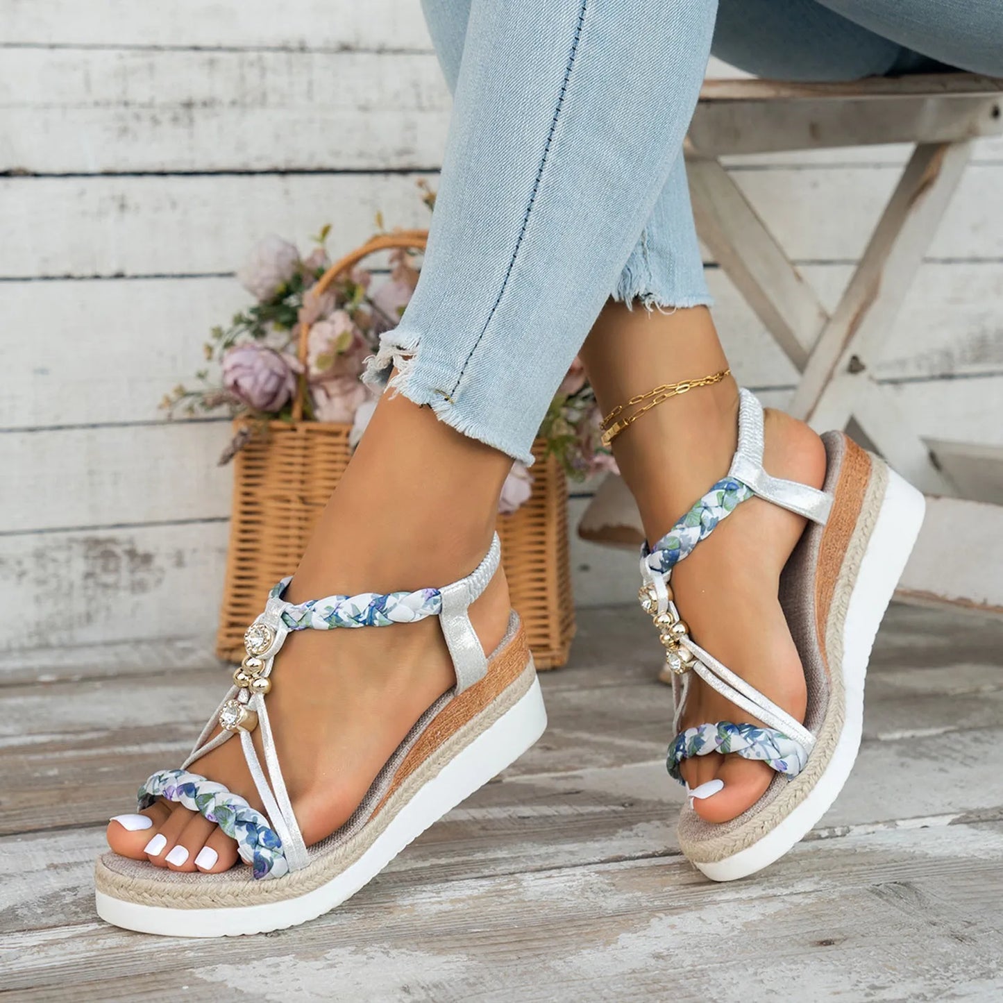 Spring And Summer Beach Sandals Women'S Fashion Wedge Heel Thick Sole Comfort Sandals For Women With Arch Support And Back Strap