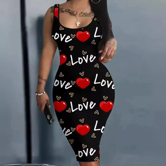 Contrast Heart Print U-Neck Sleeveless Casual Bodycon  Mini Dress