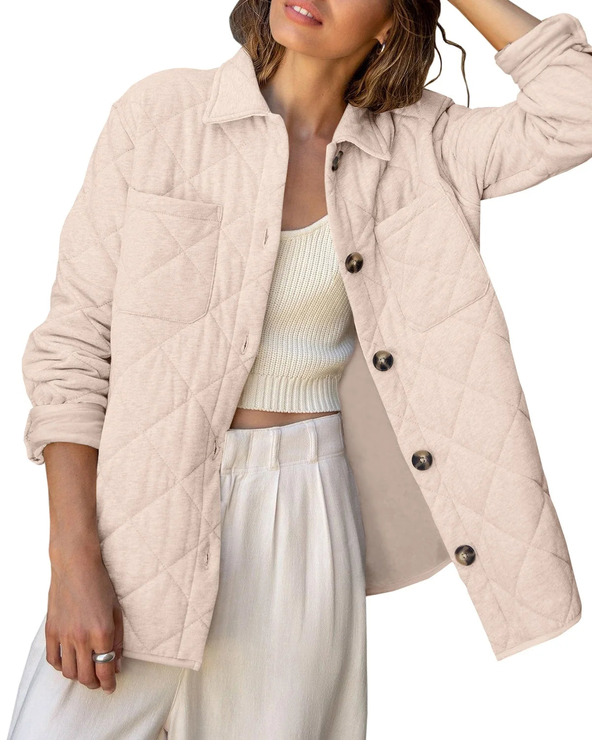 Lightweight Quilted Jackets Loose Casual Elegant Lapel Collared Single-breasted Warmth Jacket