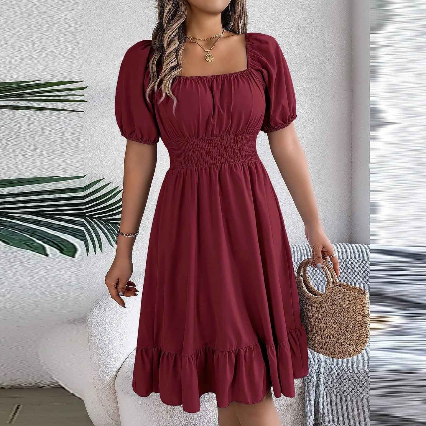 Elegant Women Spring Summer Dress Square Neck Puff Sleeve A Line  Square Neck Tie Waist Ruched Casual Solid Midi Dress