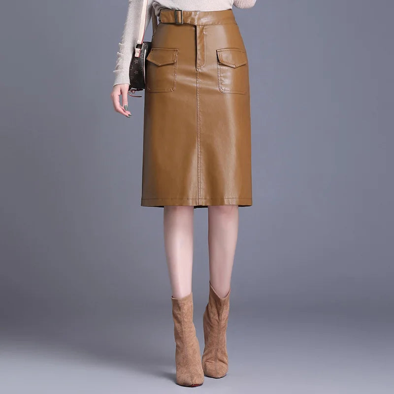 Knee Length  Leather Skirt