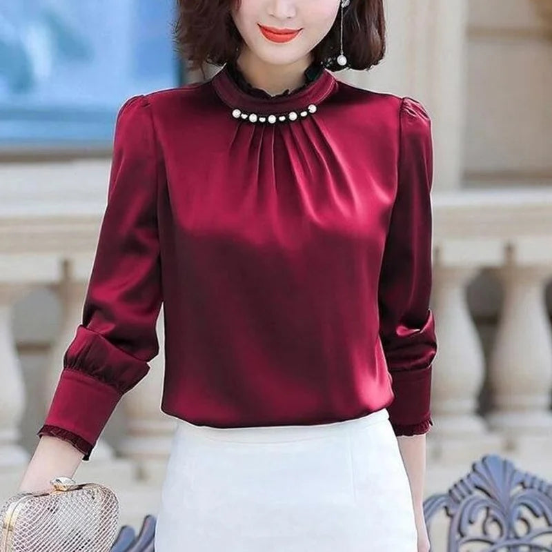 Chiffon Loose Long Sleeve Solid Color  Pleated Blouse