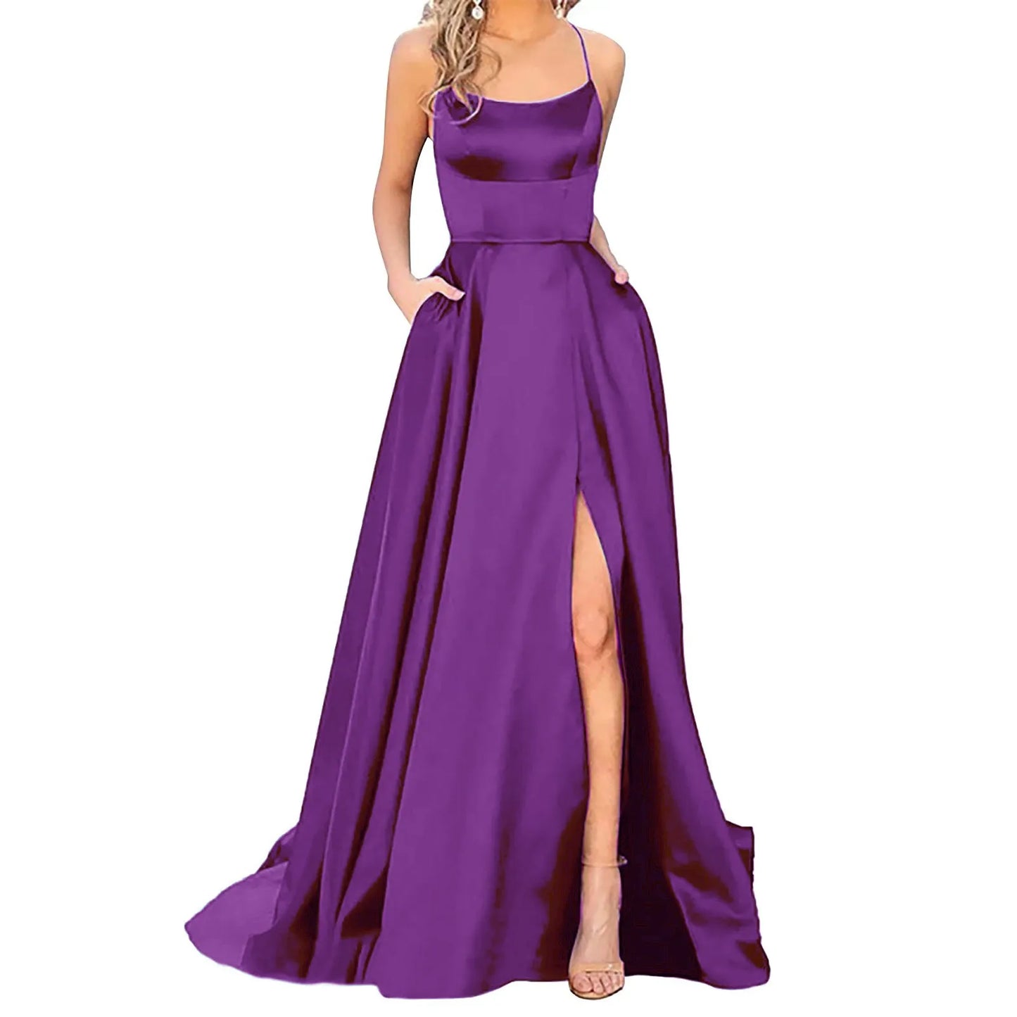 Women's  Satin Halter Backless Prom Dress Elegant High Slits Spaghetti Strap Evening Dress