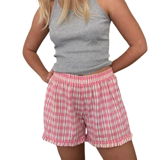 Women s Casual Striped Print Shorts with Drawstring Elastic Waist and Ruffled Hem for Summer Beach Vacation