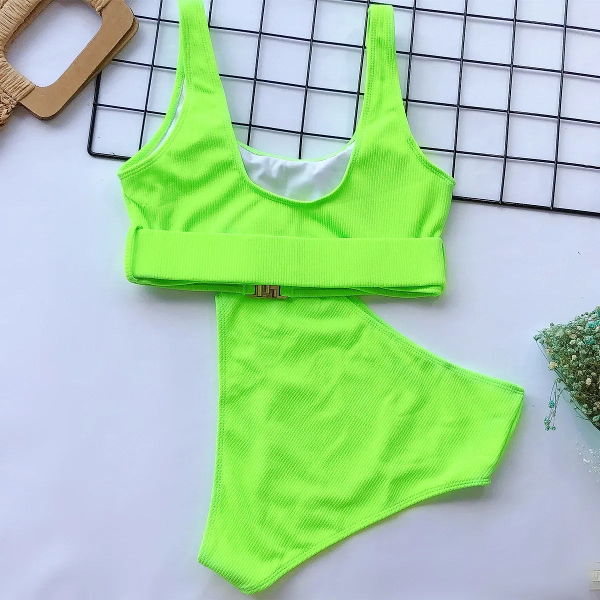 Neon Green Bikini Set  Women Buckle Push Up Swimsuit Summer Solid  Bathing Suit Beach High Waist Swimwear