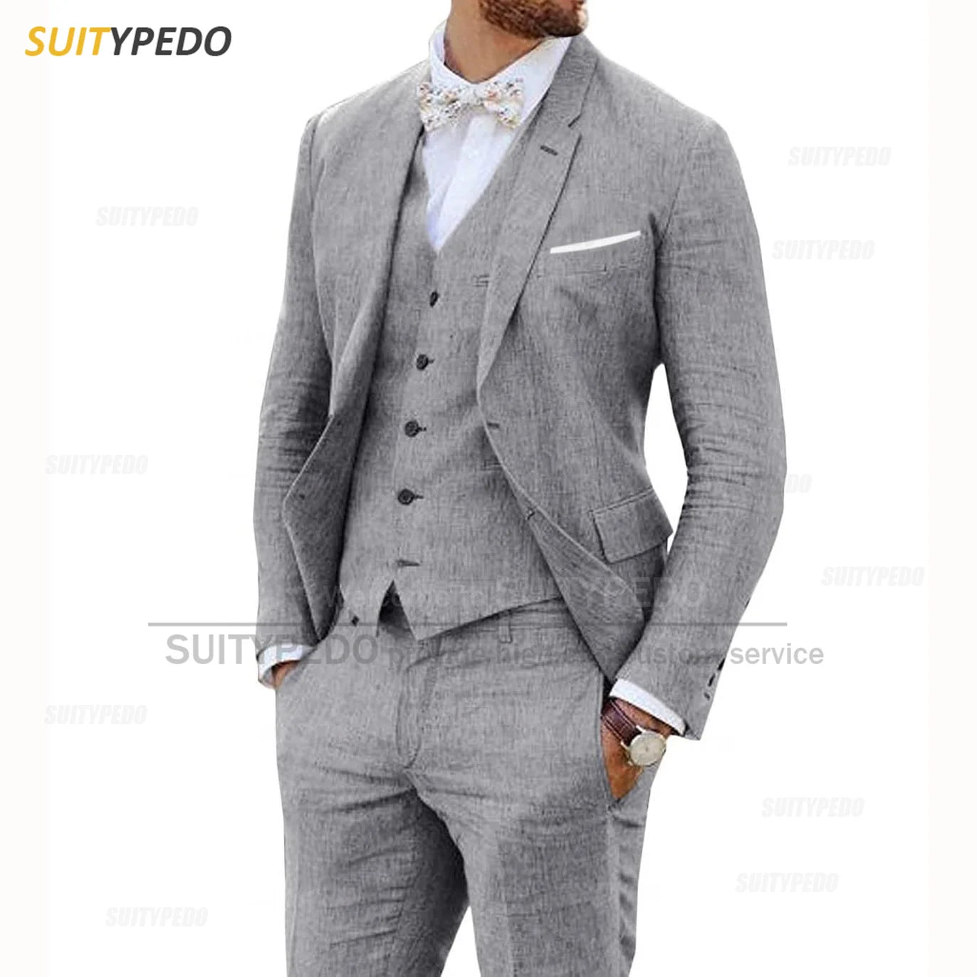 Linen Suits for Men 3 Pieces Casual Slim Fit Suit Blazer Vest Pants Set Formal Prom Wedding Tuxedos for Groomsmen Best Man