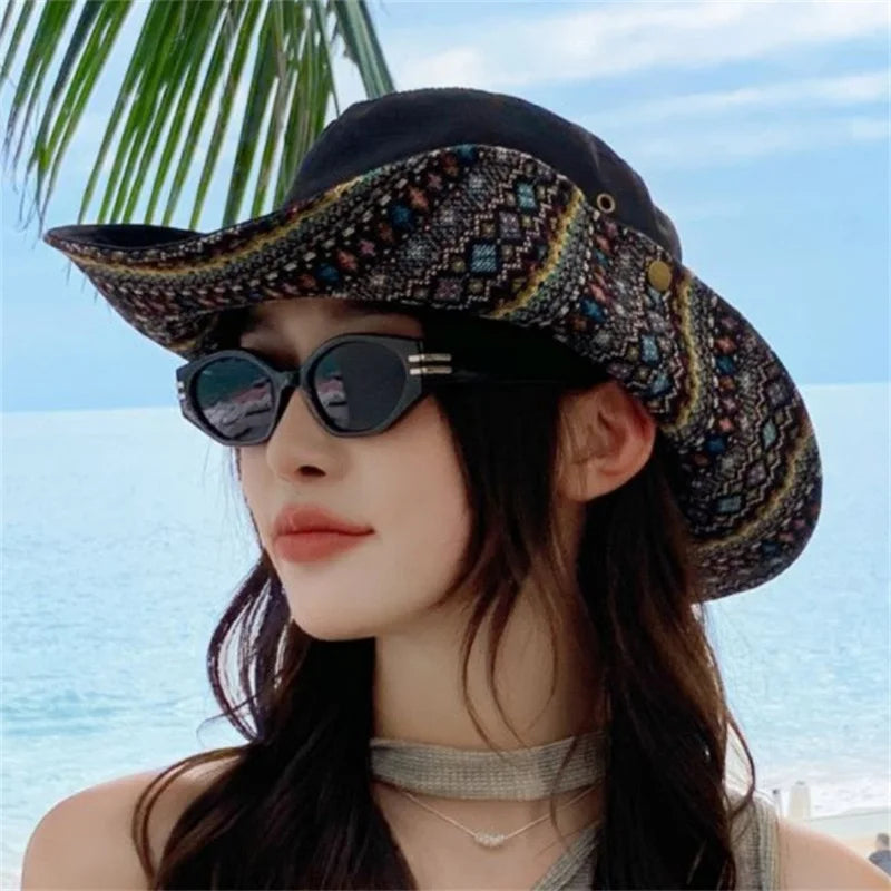 Stylish Women s Ethnic Fisherman Hat with Wide Brim for Summer Sun Protection and Outdoor Activities Foldable Design for