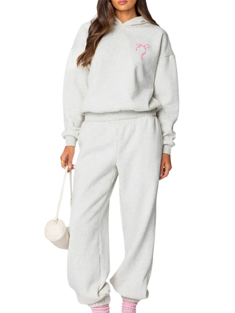 Women s 2 Piece Stylish Outfits Long Sleeve Bow Embroidered Sweatshirt Solid Color Jogger Pants Sets for Casual Wear