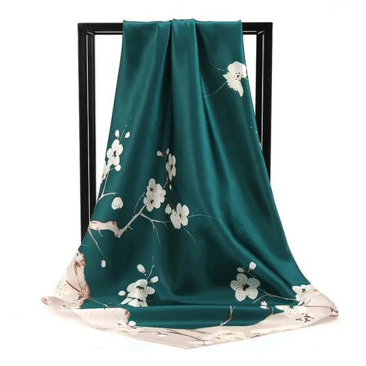 Fashion Flower Print Square Scarf - Women's Winter Warm Imitation Silk Scarf