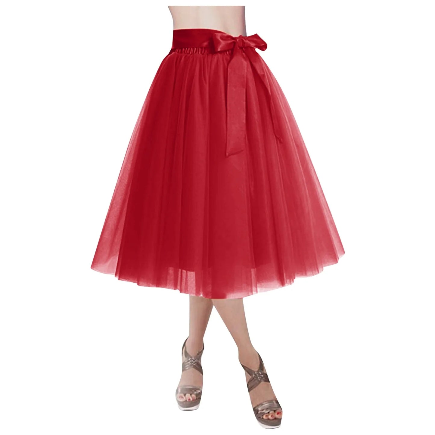 Women's Knee Length Mesh  Skirt Solid Color Elegant Elastic High Waist A-Line Petticoat