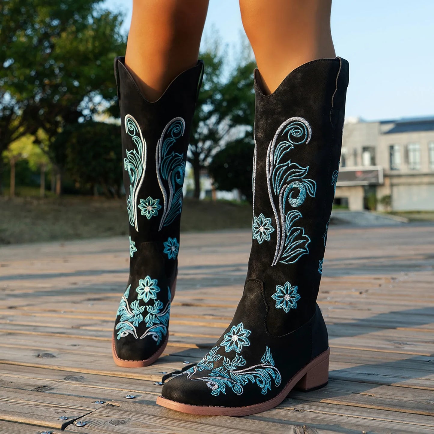Foreign Trade Large Size High Boots Not Above The Knee High Boots Autumn And Winter New Printed Square Heel Boots For Women