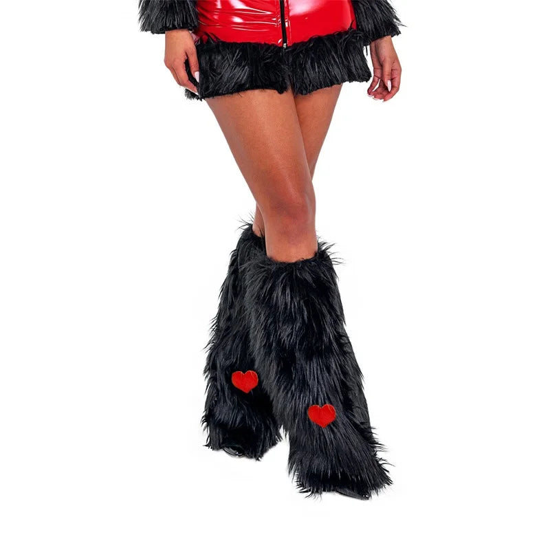 Warm Fuzzy Leggings Heart Patterned Knee High Socks Cozy Boot Cuffs