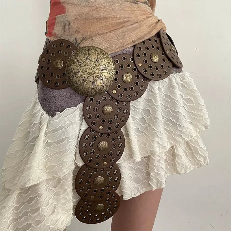 Vintage Rivet Patchwork Design Wide Belts For Women High Street Faux Leather Waistband