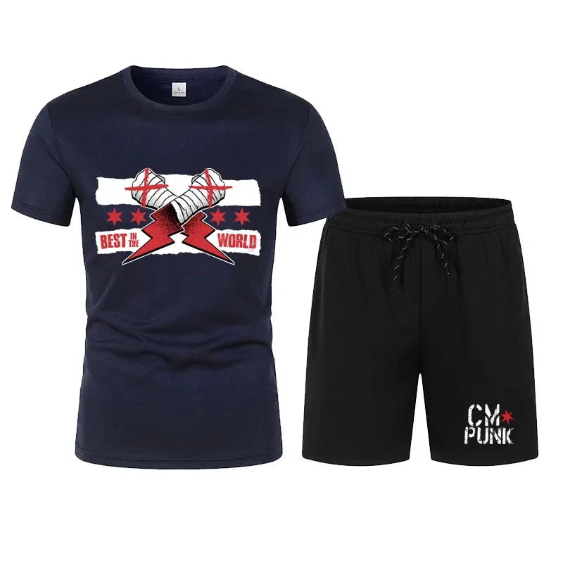 Men's black CM return punk T-shirt shorts suit summer short-sleeved men fashion comfortable loose clothing suit