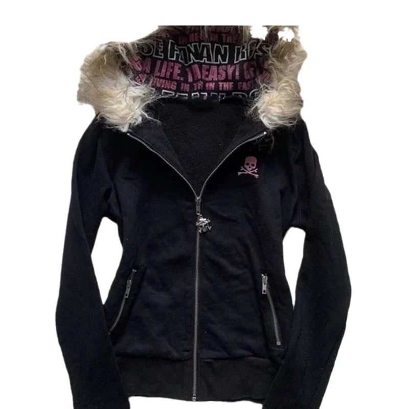 Designed fur collar long-sleeved hooded sweatshirt jacket  retro casual loose cardigan