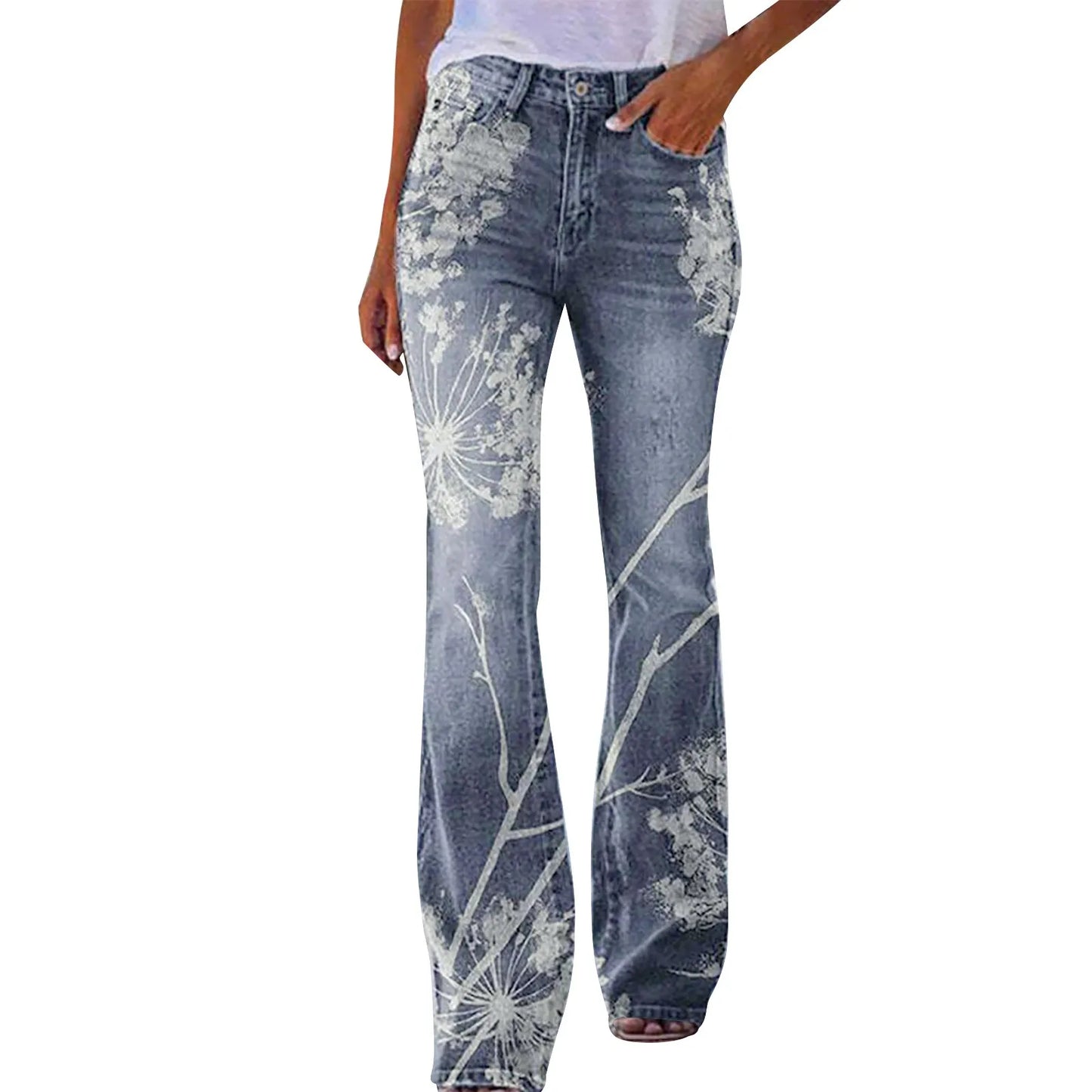 Elegant Women Floral Printed Jeans Plus Size S-5XL Female Straight High Waist Flared Leg Pants