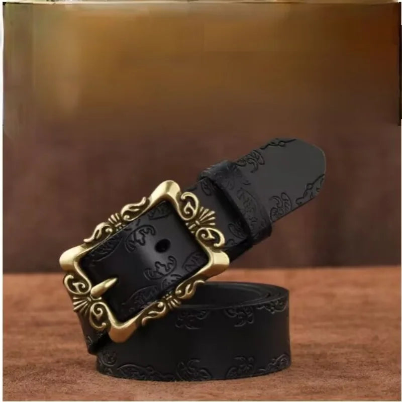 Ladies' PU belt retro carved flower belt, light luxury charming style, needle buckle simple belt