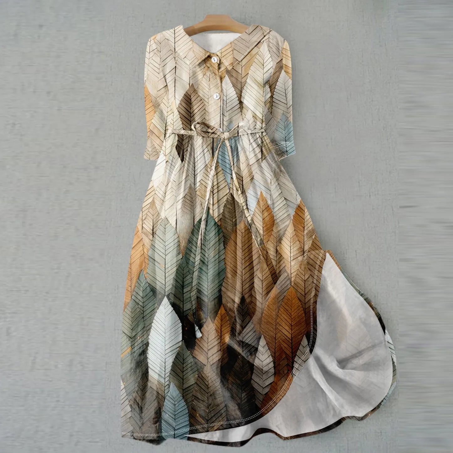 Floral Elegant  Lapel Button Evening Party Dresses Three Quarter Sleeves Formal Wear Mid-Calf  Summer Dress