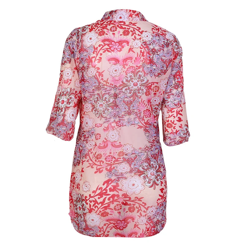 Long Chiffon Printing Flare Sleeve Floral Blouse